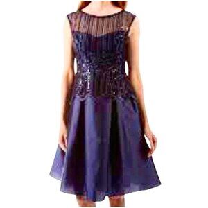 Adrianna Papell Lace Sequin Taffeta Cocktail Dress 10 Knee Length Fit Flare Navy